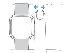 Darstellung einer Uhr am Handgelenk einer Person mit einem Finger zwischen Hand und Uhr, um die Platzierung der Uhr zu zeigen